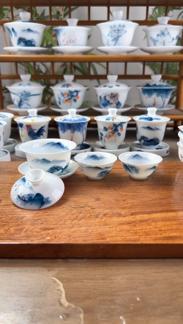 微瑕千里江山80ml三才盖碗+小玉兰杯2个