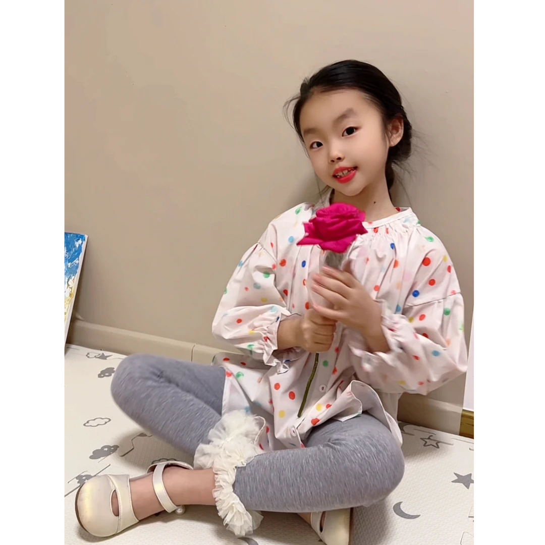女童宽松休闲长袖衬衣春装儿童洋气彩色圆点中长款衬衫九分裤套装