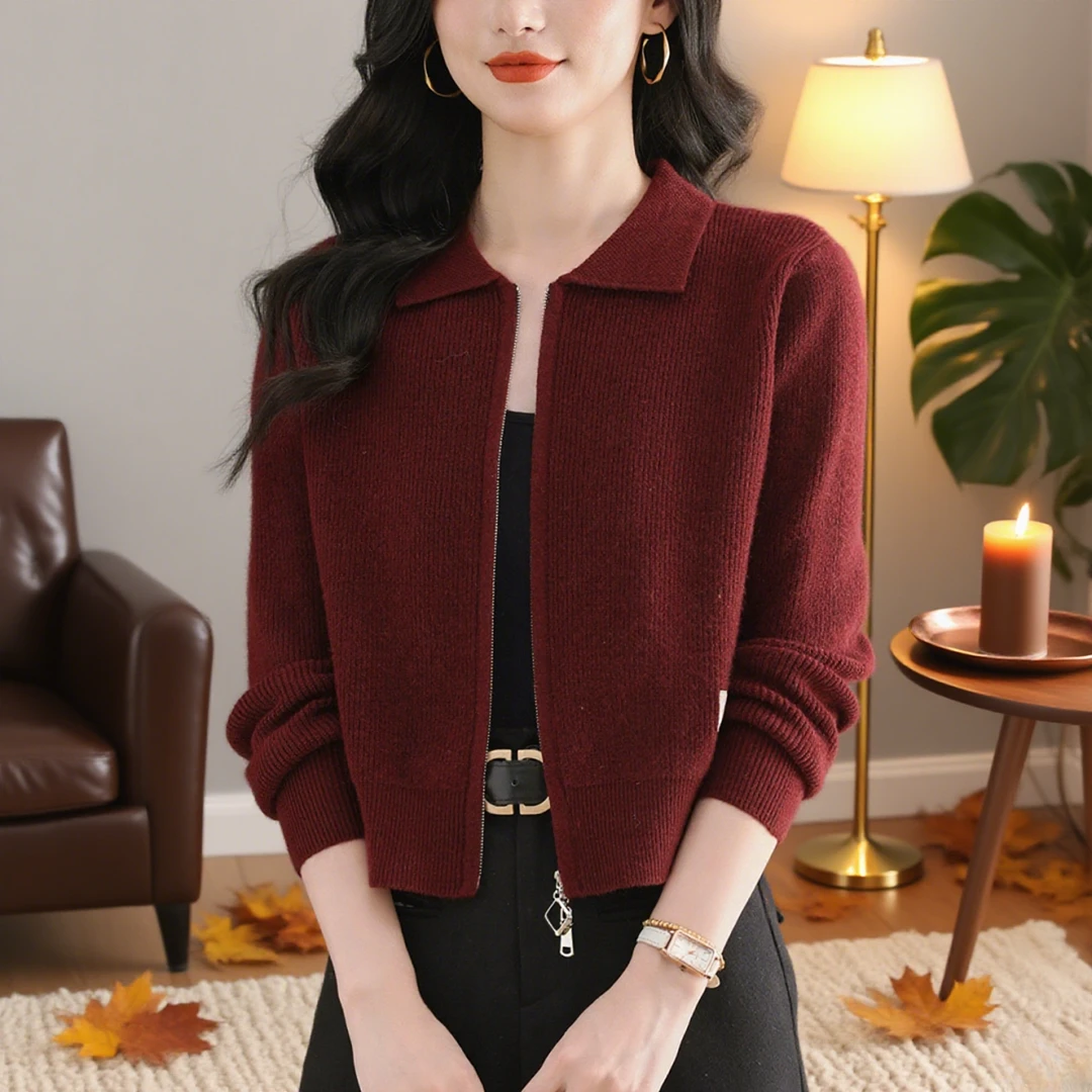 重磅爆款羊毛女开衫外套小个子短款翻领双拉链爆款毛衣外搭上衣