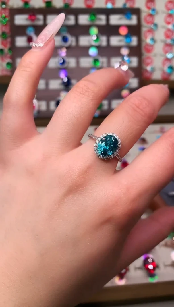 银S925镶嵌戒指帕拉依巴碧玺8*10 银托