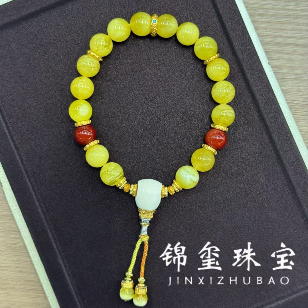 【锦玺原创】天然蜜蜡浓白花高级圆珠10mm设计款手持