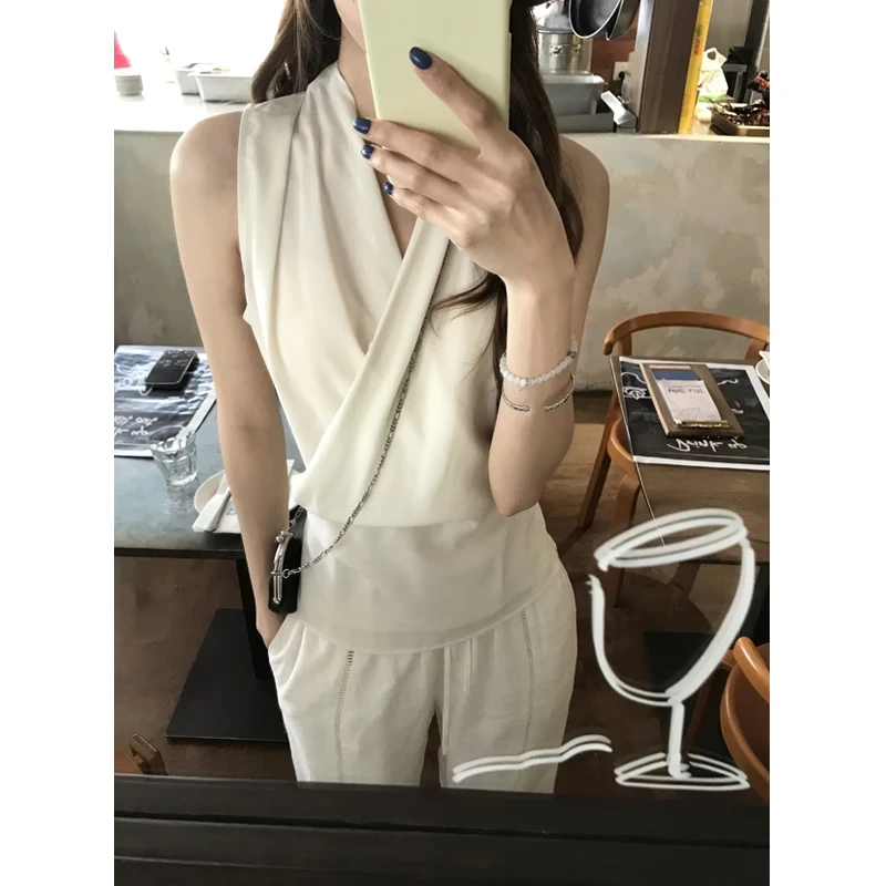 Frida.zz 白色阔腿裤女+白色无袖v领衬衫上衣