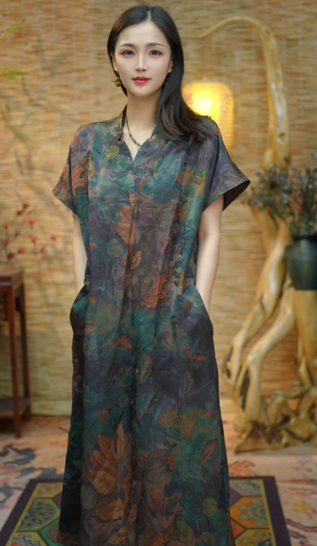 【花开富贵】新中式气质复古连衣裙中长款时尚62-609花开富贵