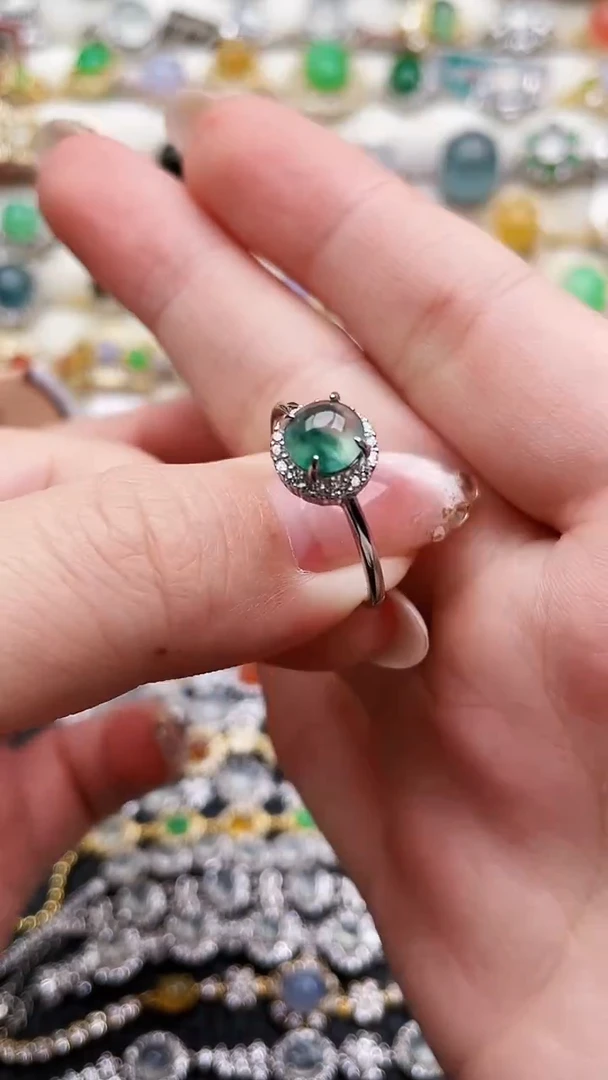 银S925镶嵌戒指翡翠水*桃1111