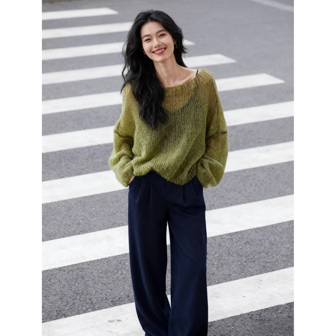 早秋一套穿搭！镂空毛衣女一字领高端绿色时尚针织衫手工编织上衣