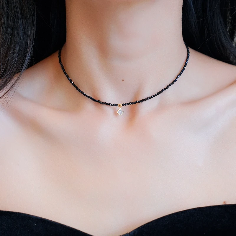 铜合金项链 复古简约气质黑尖石串珠菱形吊坠锁骨链小众颈链百搭
