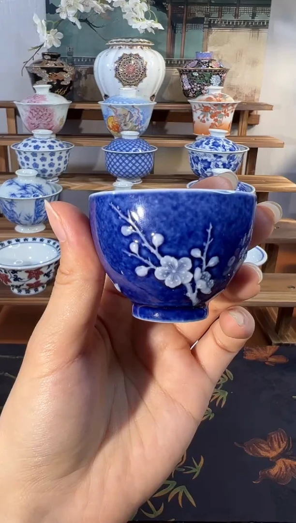 福利手工手绘微瑕撒蓝堆白雕刻杯不退不换