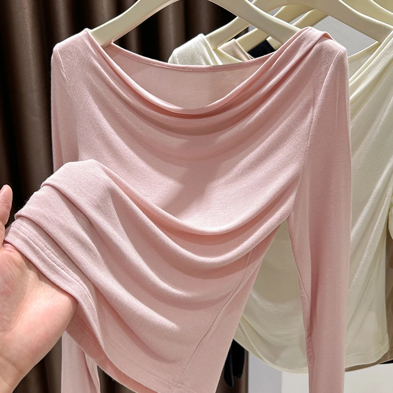 甜美粉色一字领打底衫女爆款2025秋季新款长袖T恤皮肤衣修身上衣