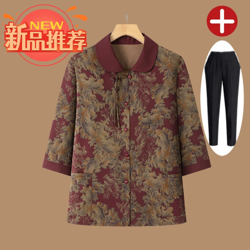 老人老太中国风奶奶装中老年妈妈装春秋老年人喜妈妈衬衫夏季红色