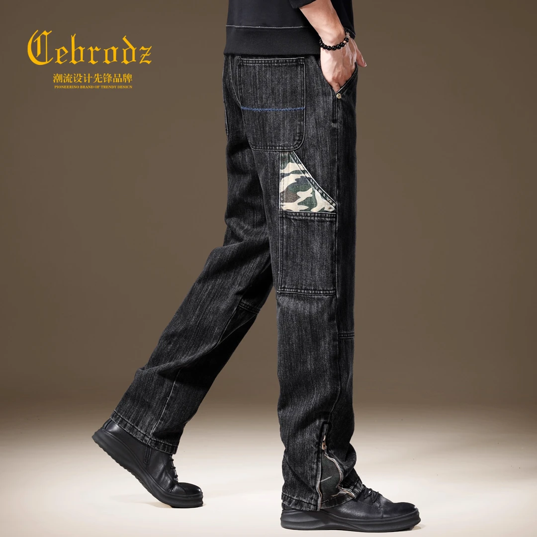 Cebrodz高端美式复古重磅工装牛仔裤男秋季宽松直筒大码撞色迷彩