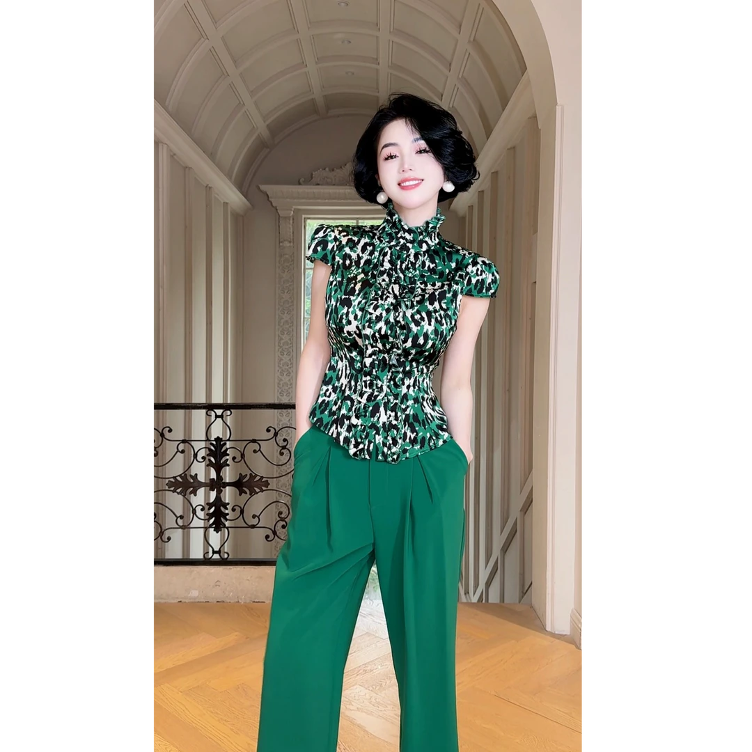 LYXJ【圣保罗绿豹】千金清冷感夏季衬衫上衣欧美修身印11941