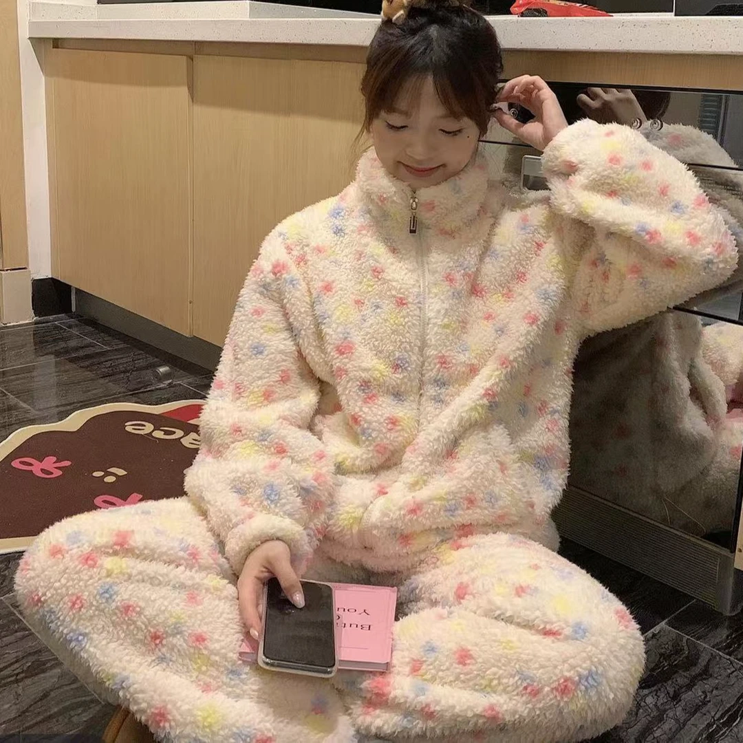 136-甜美系满印彩色点点立领拉链套装