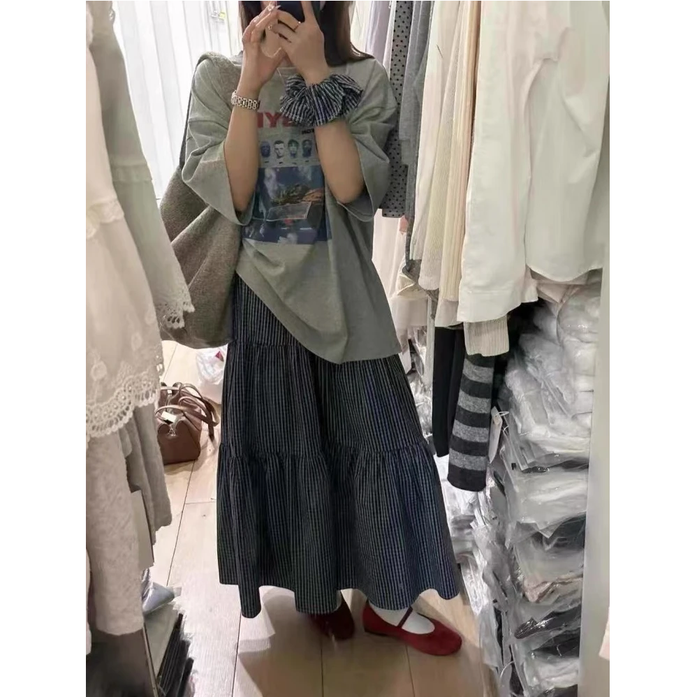 2025春季新复古字母印花T恤女配半裙头花三件套