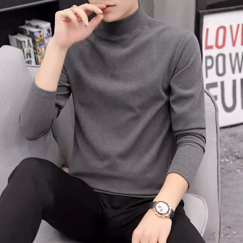 双面德绒保暖磨绒打底衫纯色男秋冬加绒中领内搭上衣秋衣长袖T恤
