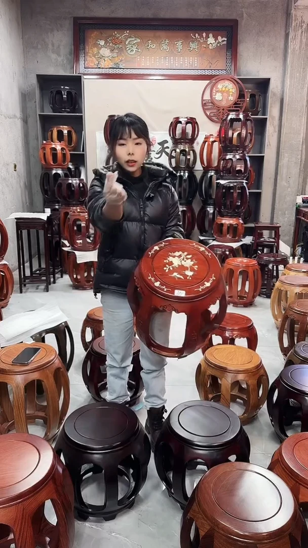 【闪购商品】花梨木类家具微瑕花梨木花梨色贝雕大号鼓凳