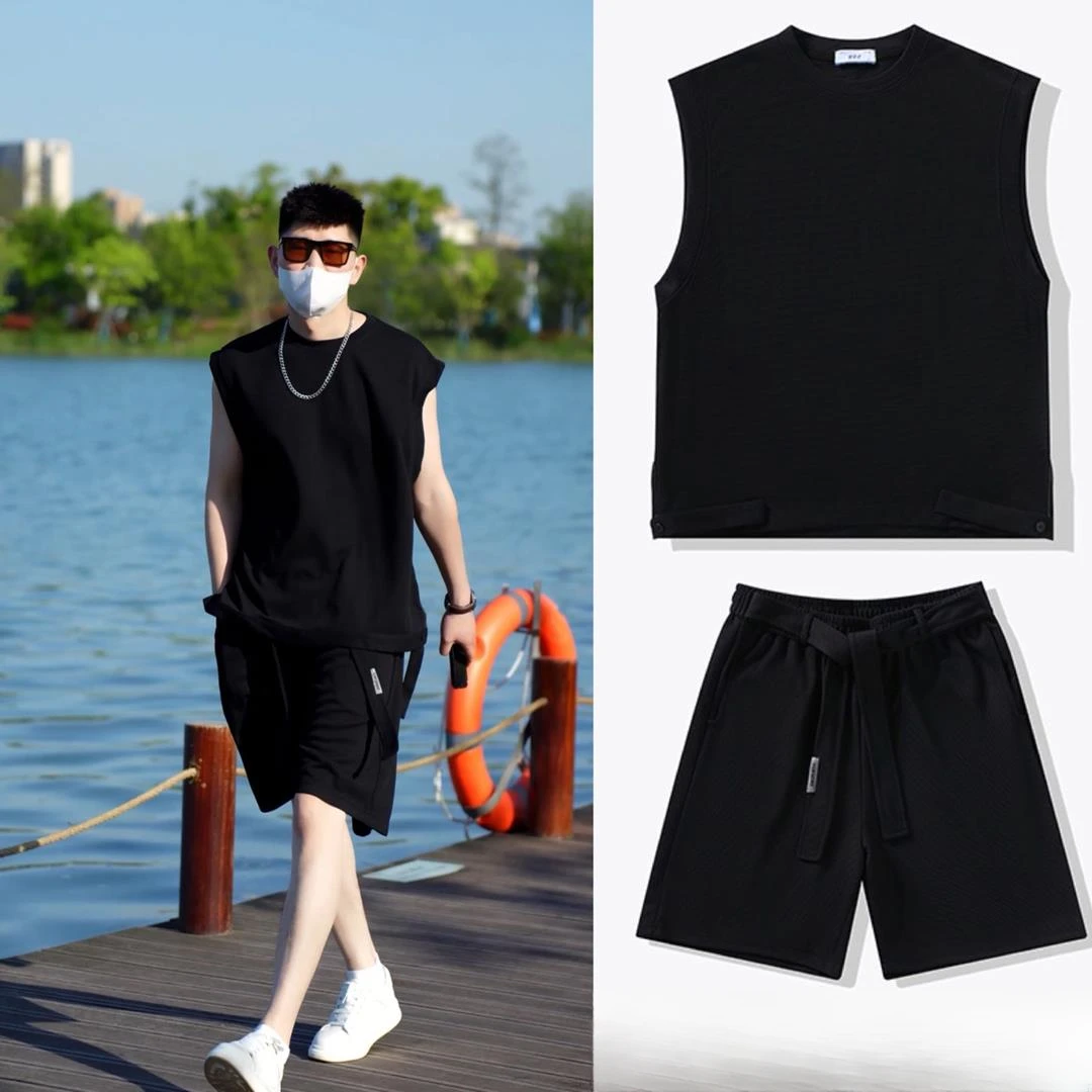 夏季男士纯色休闲运动套装简约时尚宽松百搭无袖背心短裤两件套
