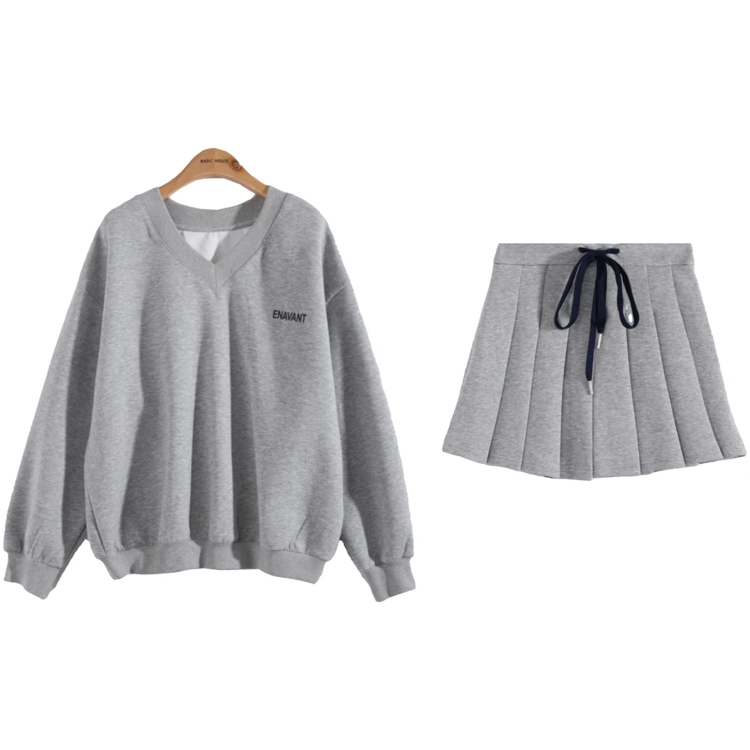 韩版休闲减龄v领卫衣套装女春秋季新款显瘦高腰百褶短裙两件套