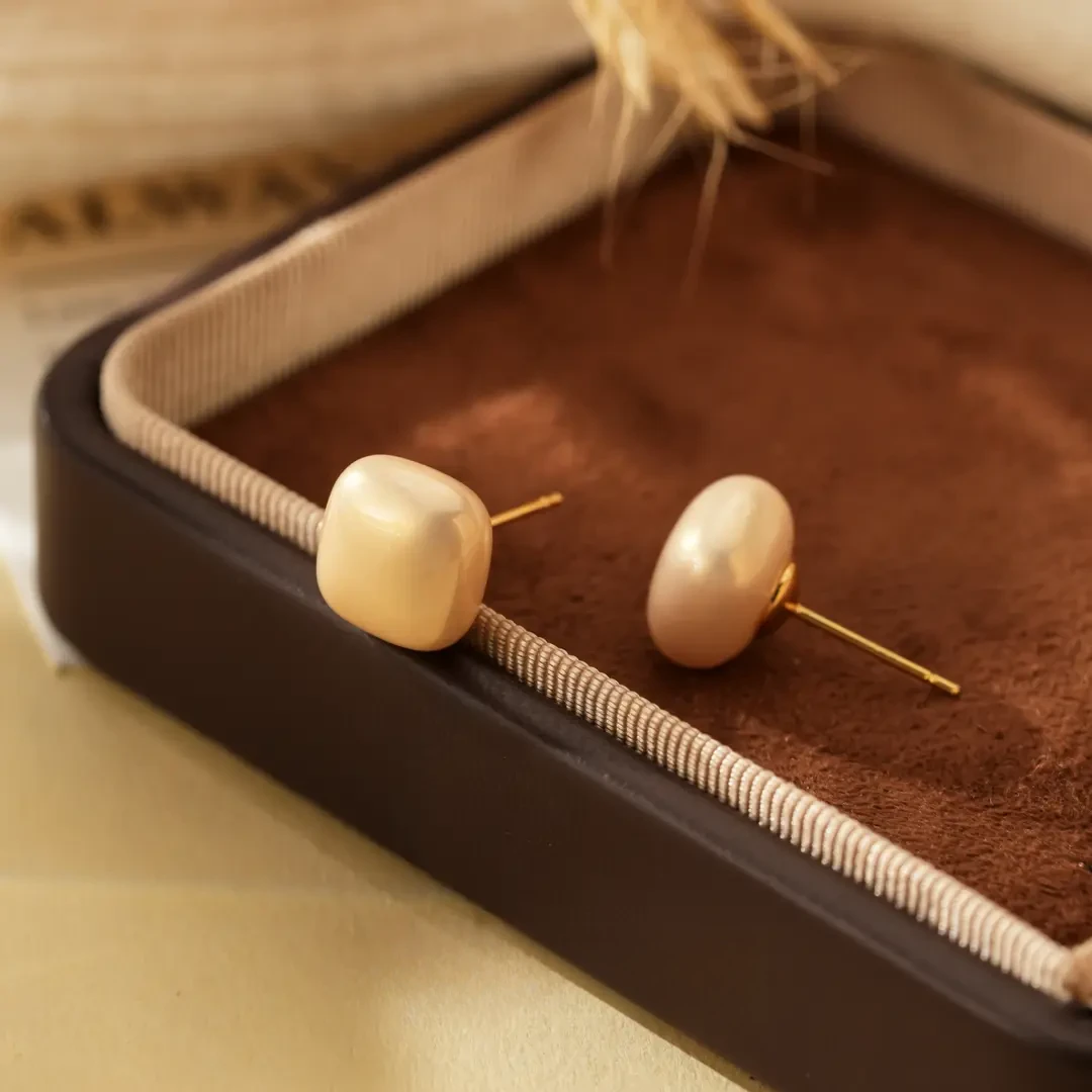 合金仿珍珠耳饰 设计感法式面包珠子方形耳饰气质简约小巧精致