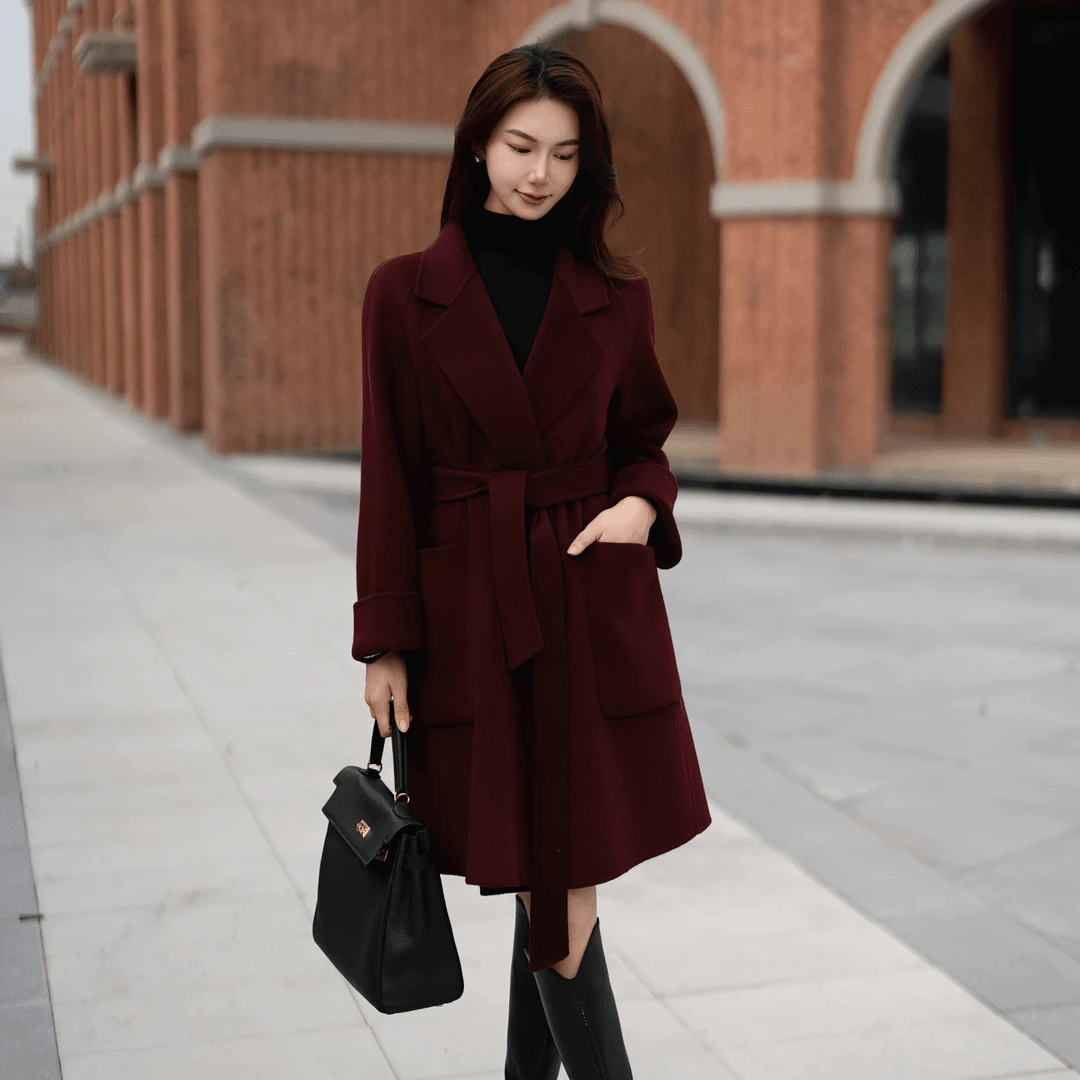 时尚爆款长羊毛绒中长浴袍款双面呢小个子红色大衣外套显瘦5827