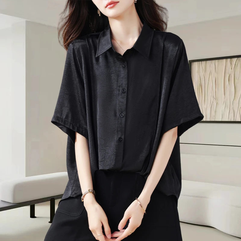 黑色翻领短袖衬衫女士夏季2025新款时尚减龄宽松显瘦休闲百搭上衣