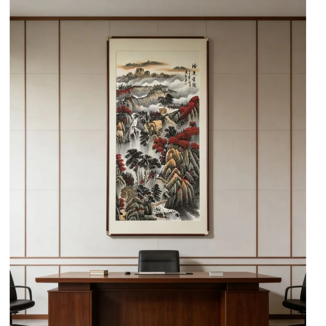 鸿运当头山水画玄关装饰画入户正对门走廊过道挂画162*82