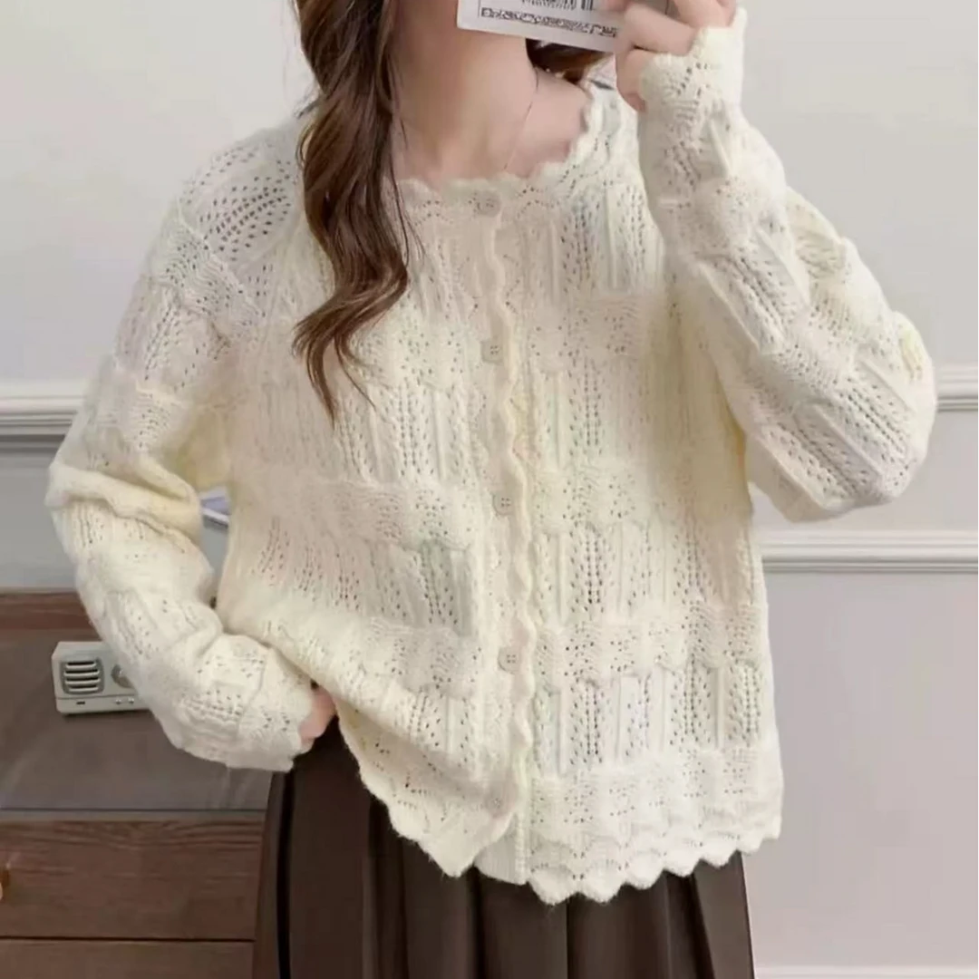 【以直播间为准】花边领钩花镂空针织衫外套女秋冬宽松短上衣