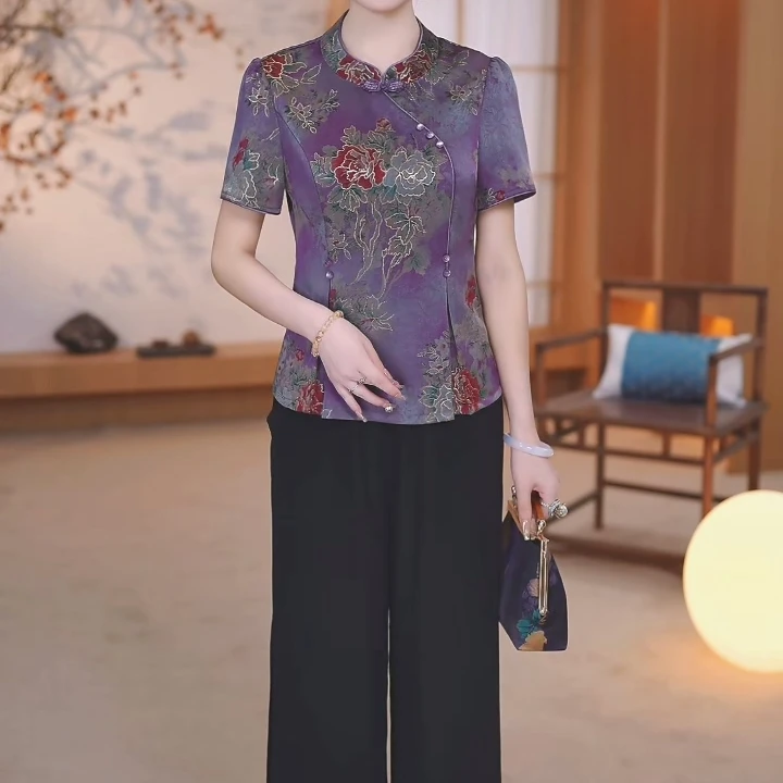 两件套2025夏季新款洋气改良旗袍妈妈装上衣裤子（婷）ZRF-25840-1