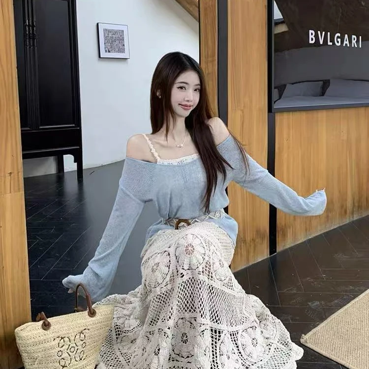 假两件度假风防晒T桖镂空钩花显瘦半身长裙女 2025春季时尚套装
