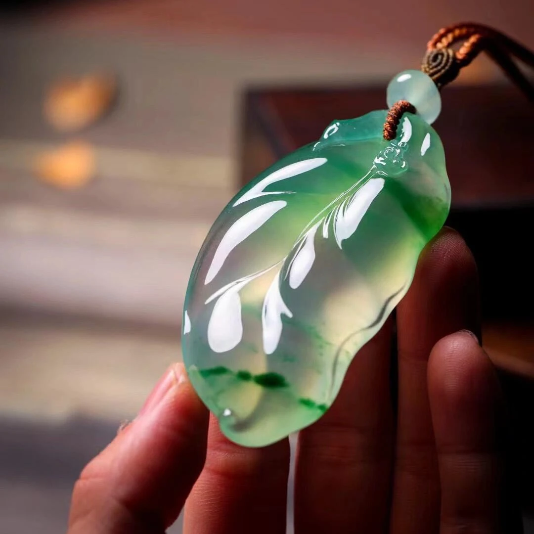 高冰飘花“大叶有成” 翡翠叶子吊坠 百搭大气