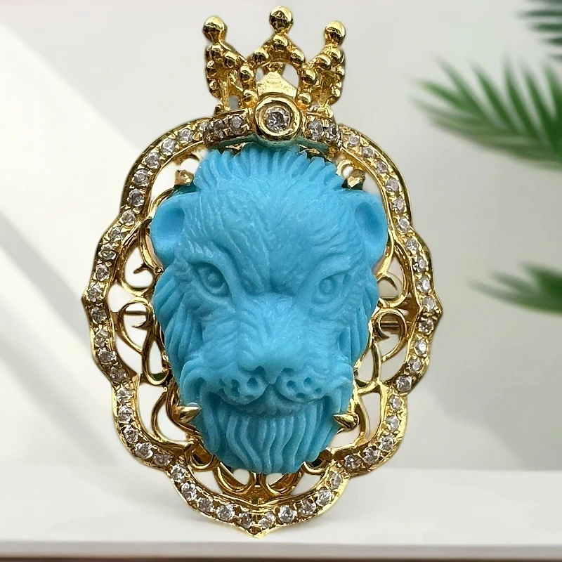 天然绿松石戒指高瓷高蓝狮子王时尚高级感18k金戒指23*17mm