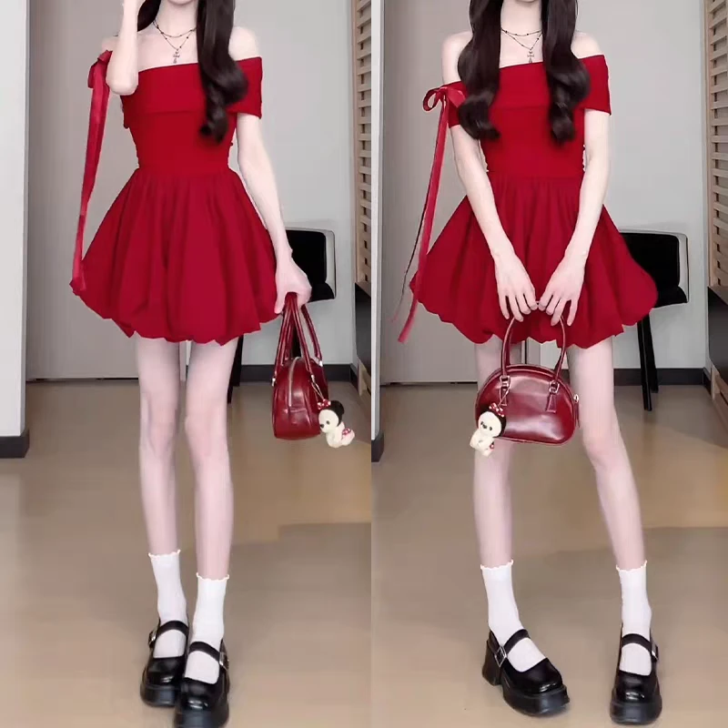 夏季斜肩花苞裙红色蓬蓬裙新款韩系甜美少女连衣裙洋气衣服女裙子