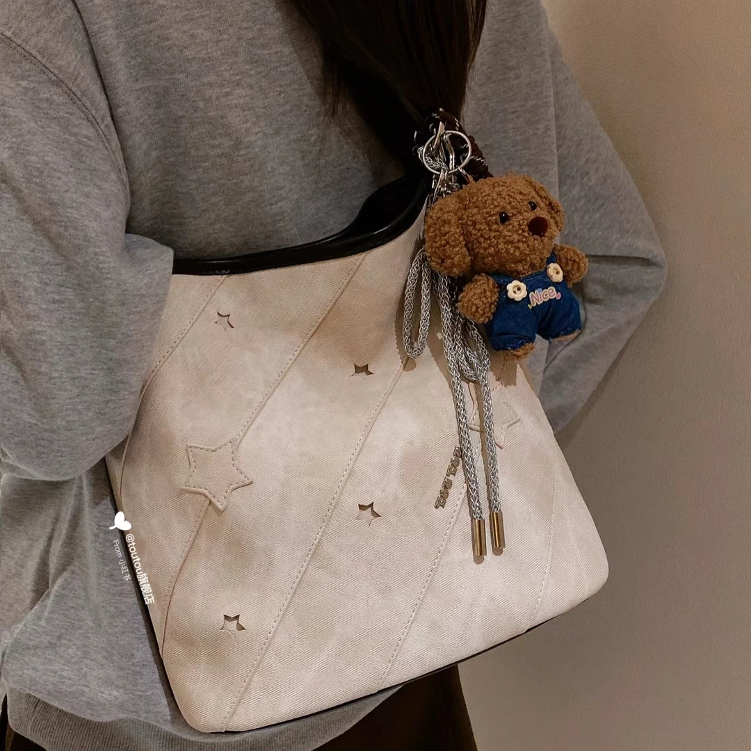 2024秋季新款毛呢星星大容量单肩斜挎水桶包