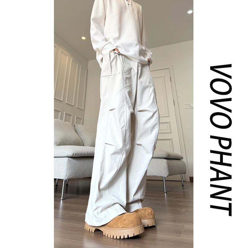 VOVO美式复古做旧早秋新款工装裤男潮牌新款皱褶设计微喇休闲长裤