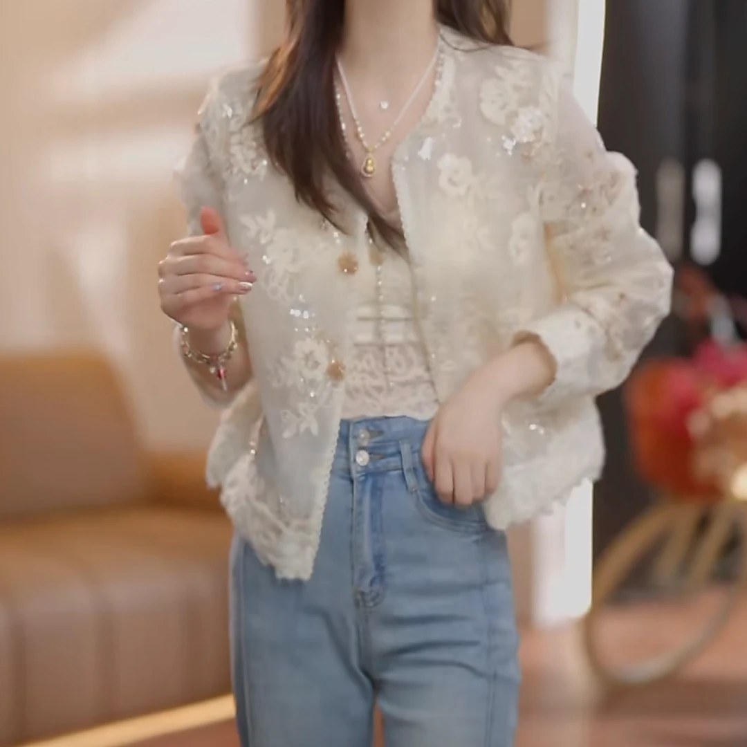 设计感重工蕾丝绣花轻奢开衫外套女2025春季新款时尚圆领长袖上衣