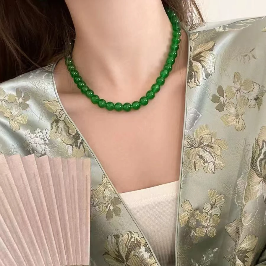 精选翠青冰魄八字扣玛瑙项链10mm时尚优雅气质百搭款妈妈链