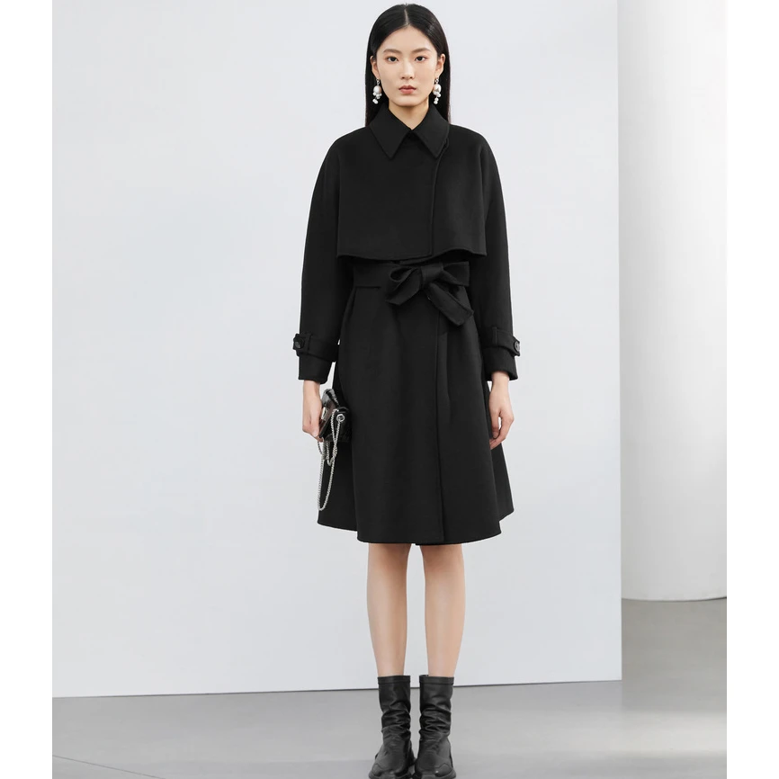 圣迪奥秋冬翻领极简气质时尚收腰两件套毛呢大衣外套S22482506