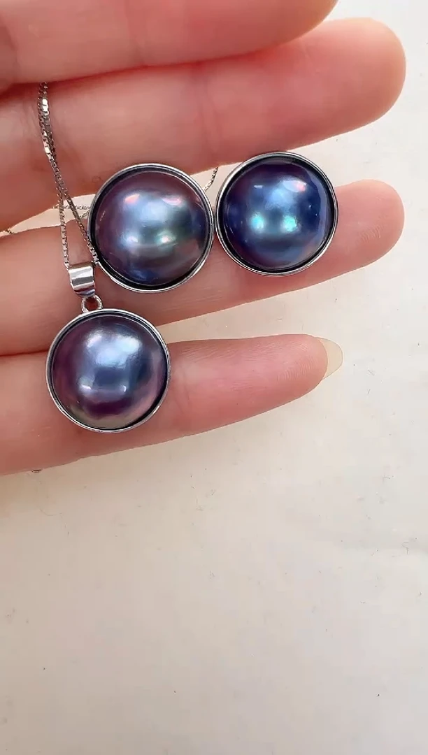 【闪购商品】拼合珍珠（马贝珠）耳饰银S925镶嵌蓝色光板套装