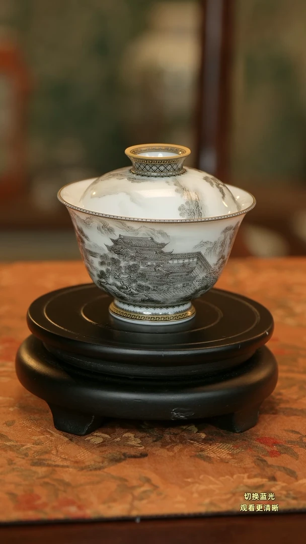 清*手绘墨彩重工精工阿房宫岩茶盖碗