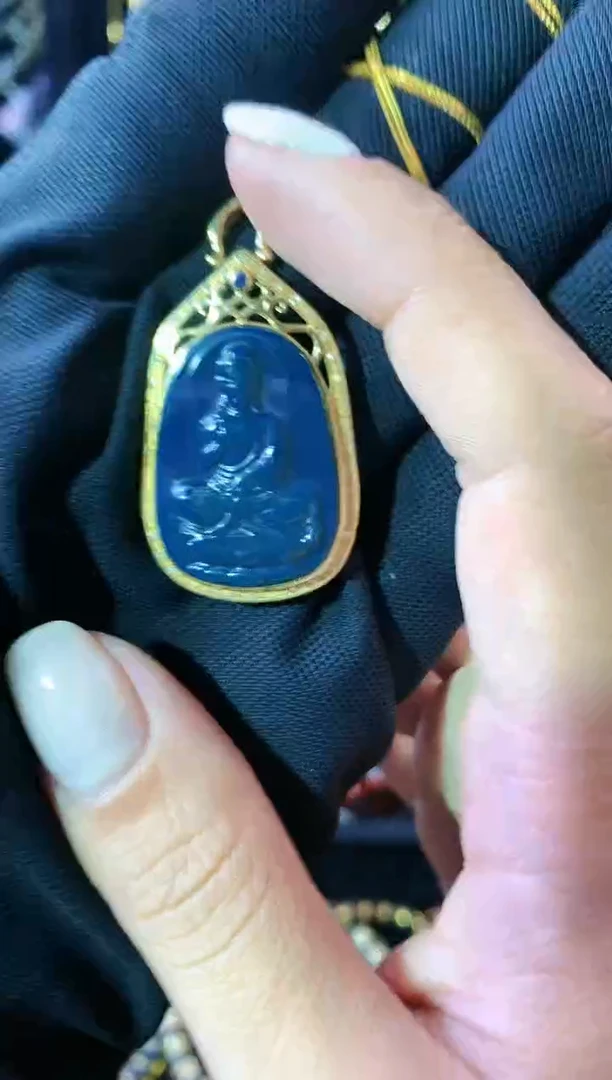 【闪购商品】琥珀珠宝奇石18K金镶嵌多米尼加皇家蓝阿弥陀佛吊坠