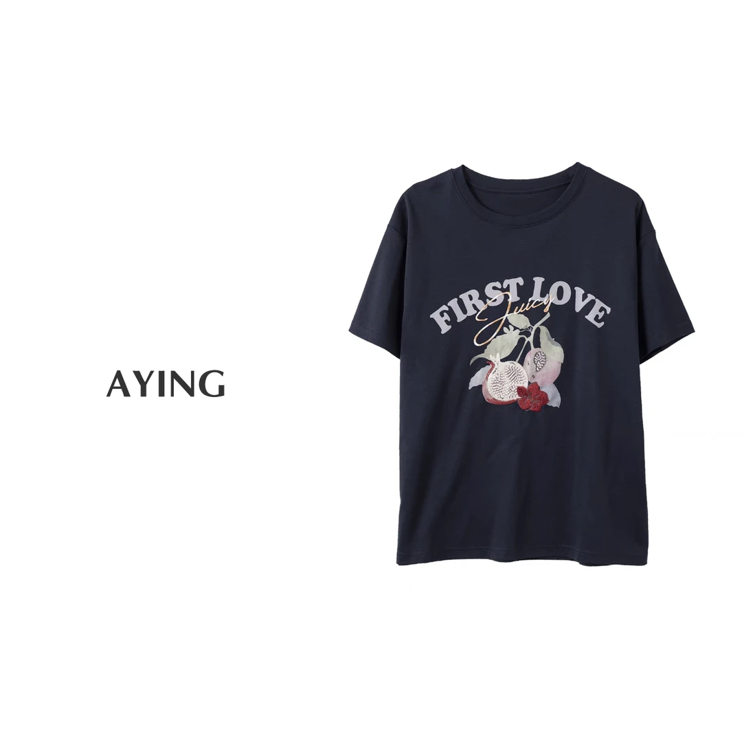 AYING 女士夏季  钉珠石榴T 液氨新长绒棉刺绣宽松圆领T