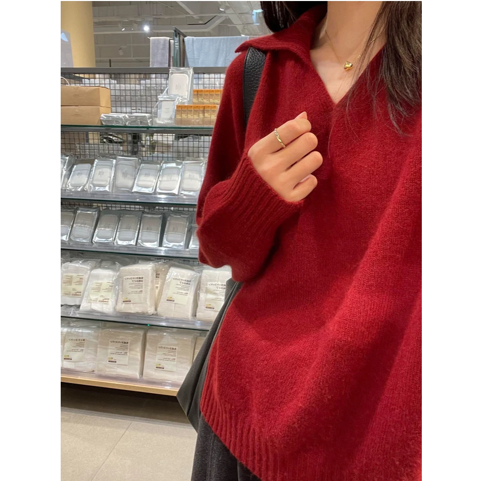 韩系复古氛围感红色百搭翻领毛衣女冬季新款高级感显瘦针织