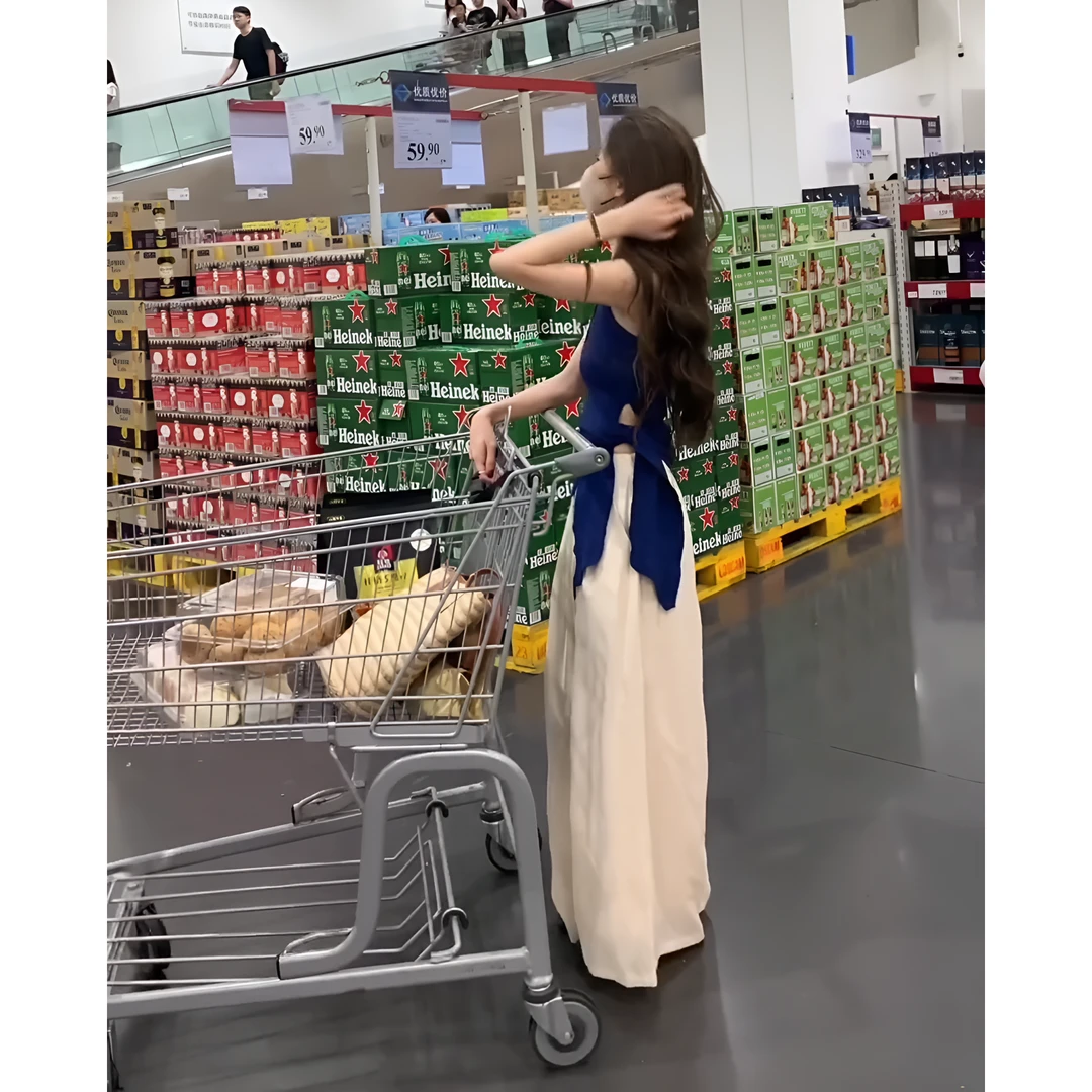 MARIE.COCO夏季设计感藏蓝色不规则绑带背心松弛感休闲阔腿裤套装