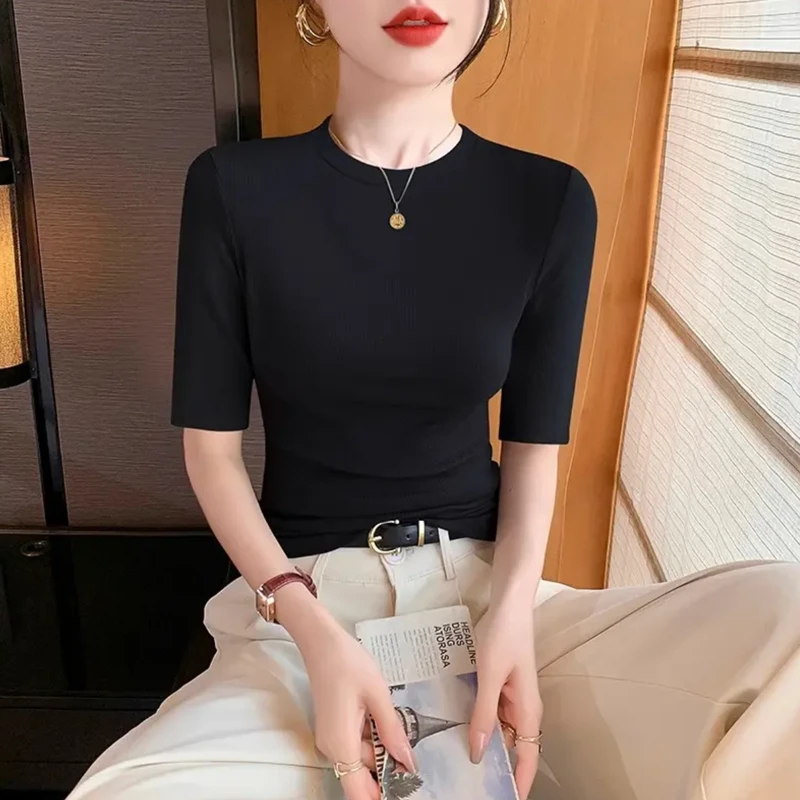 新款修身气质纯色中袖打底衫T恤春秋显瘦极简百搭五分袖上衣女士