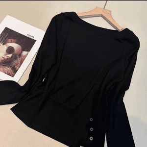 依骊汇早秋款一字领设计感时尚百搭长袖显瘦高档上衣女5611黑色