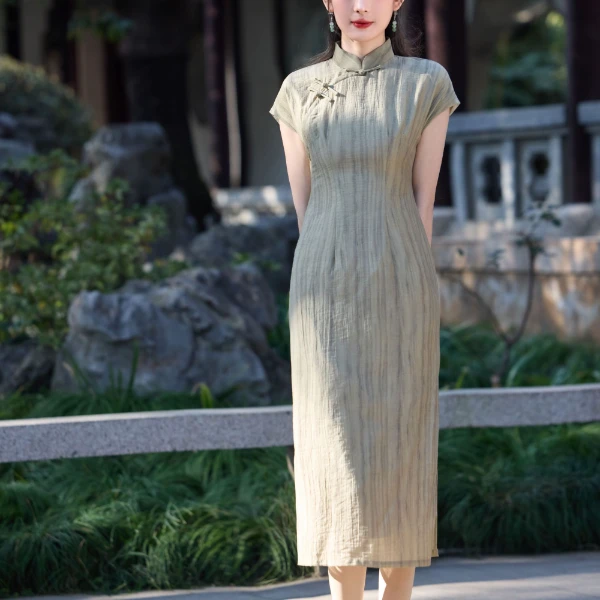 CX-5516牙签条炒花绿米紫三色新款文艺旗袍修身日常中长款120cm