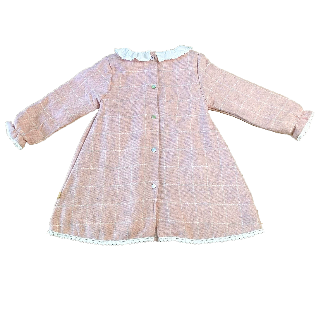 110-90戴家粉色白条格子花边连衣裙