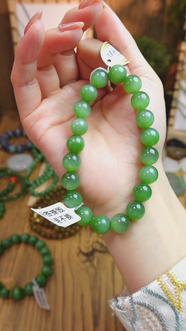 【闪购商品】和田玉手串未镶嵌俄料碧玉粉绿色卡10mm