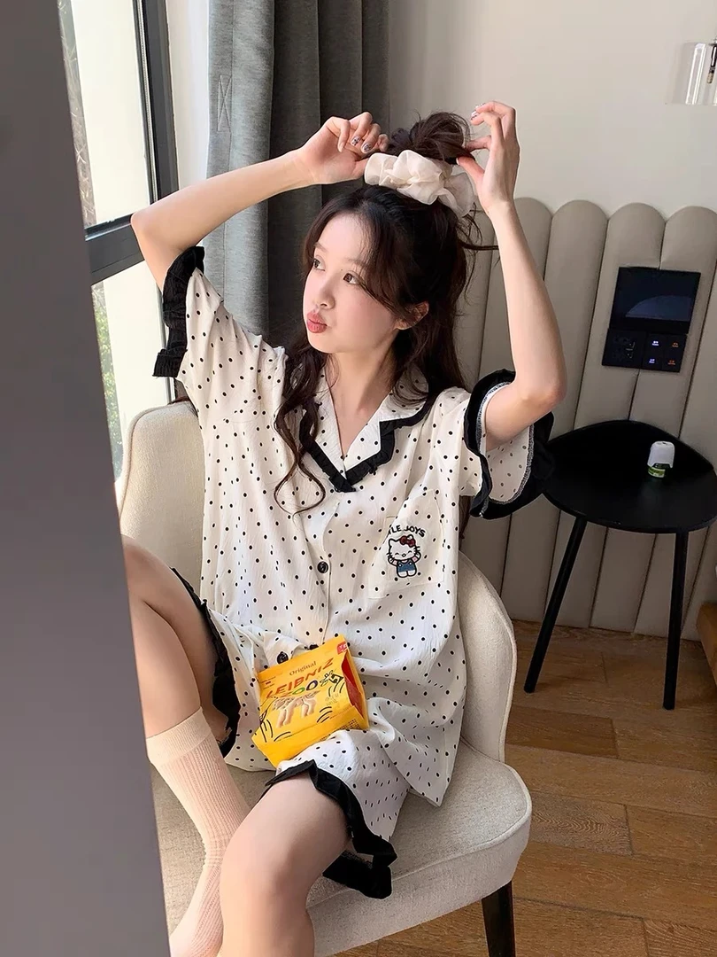【黑糖kt】可爱卡通波点睡衣女夏季薄款撞色边可外穿学生家居服套装