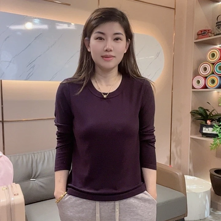 怡特美早春款气质欧若风纯色时尚显瘦罗纹棉圆领长袖T恤256617