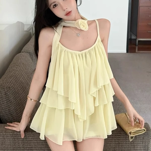 温柔风不规则设计感吊带背心夏季小众立体花朵飘带无袖蕾丝衫上衣